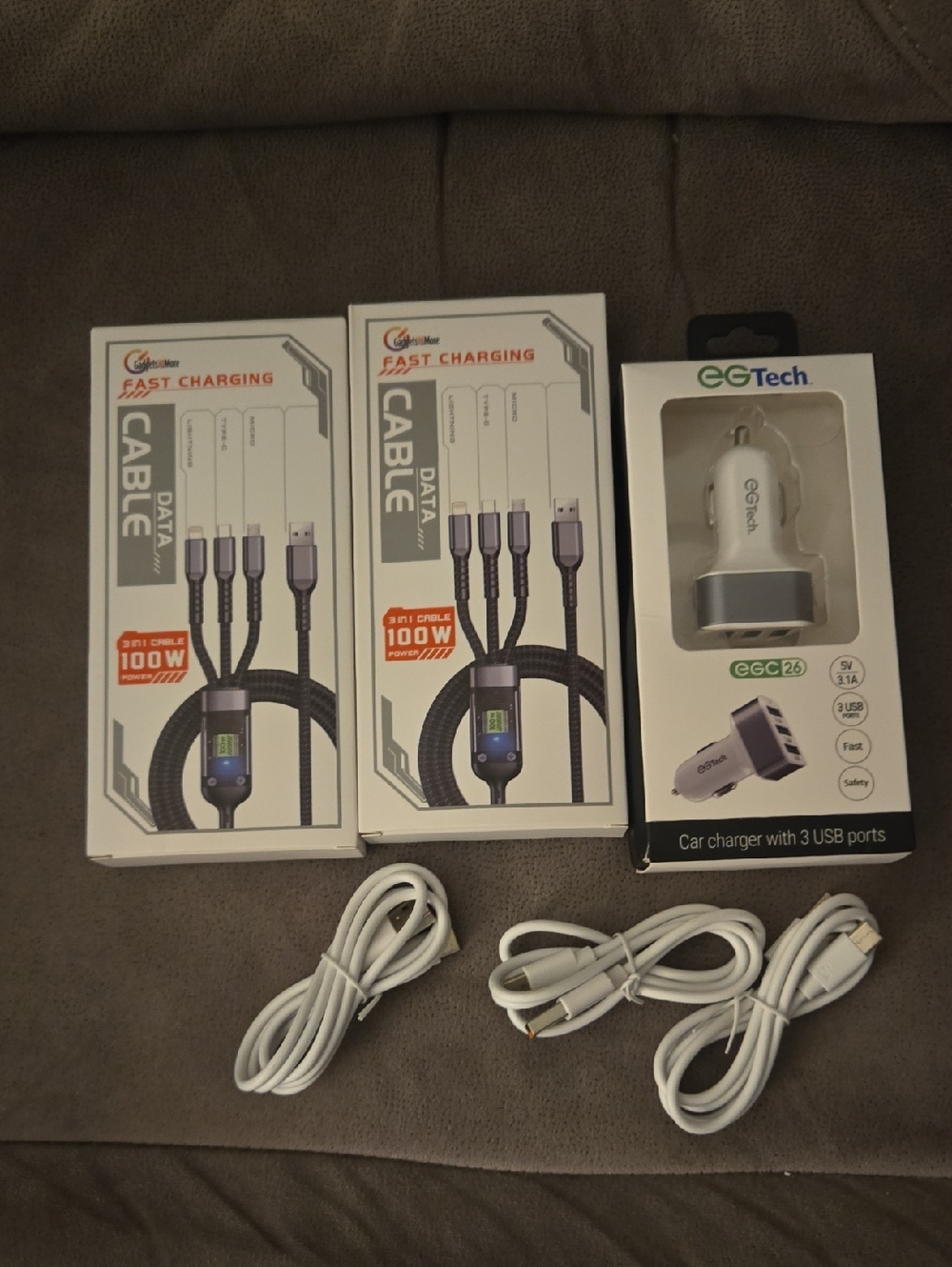 White 3-Port Car Charger with Included White Data Cables